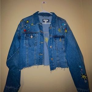 H&M Cropped Denim Embroidered Jacket